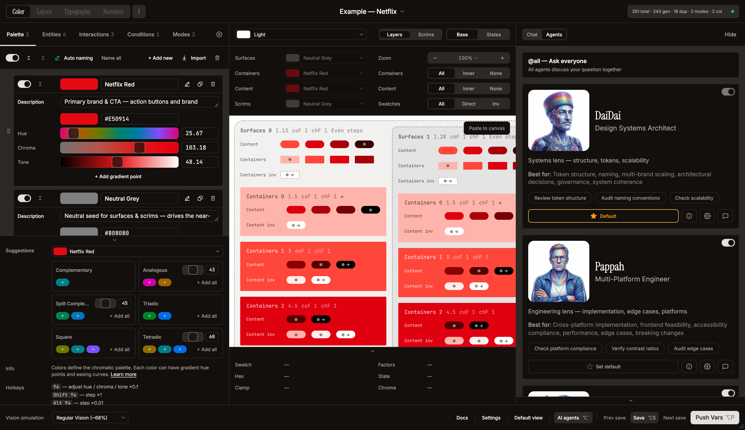 AI chat — Agents tab: the four-agent roster with enable toggles and per-card action buttons
