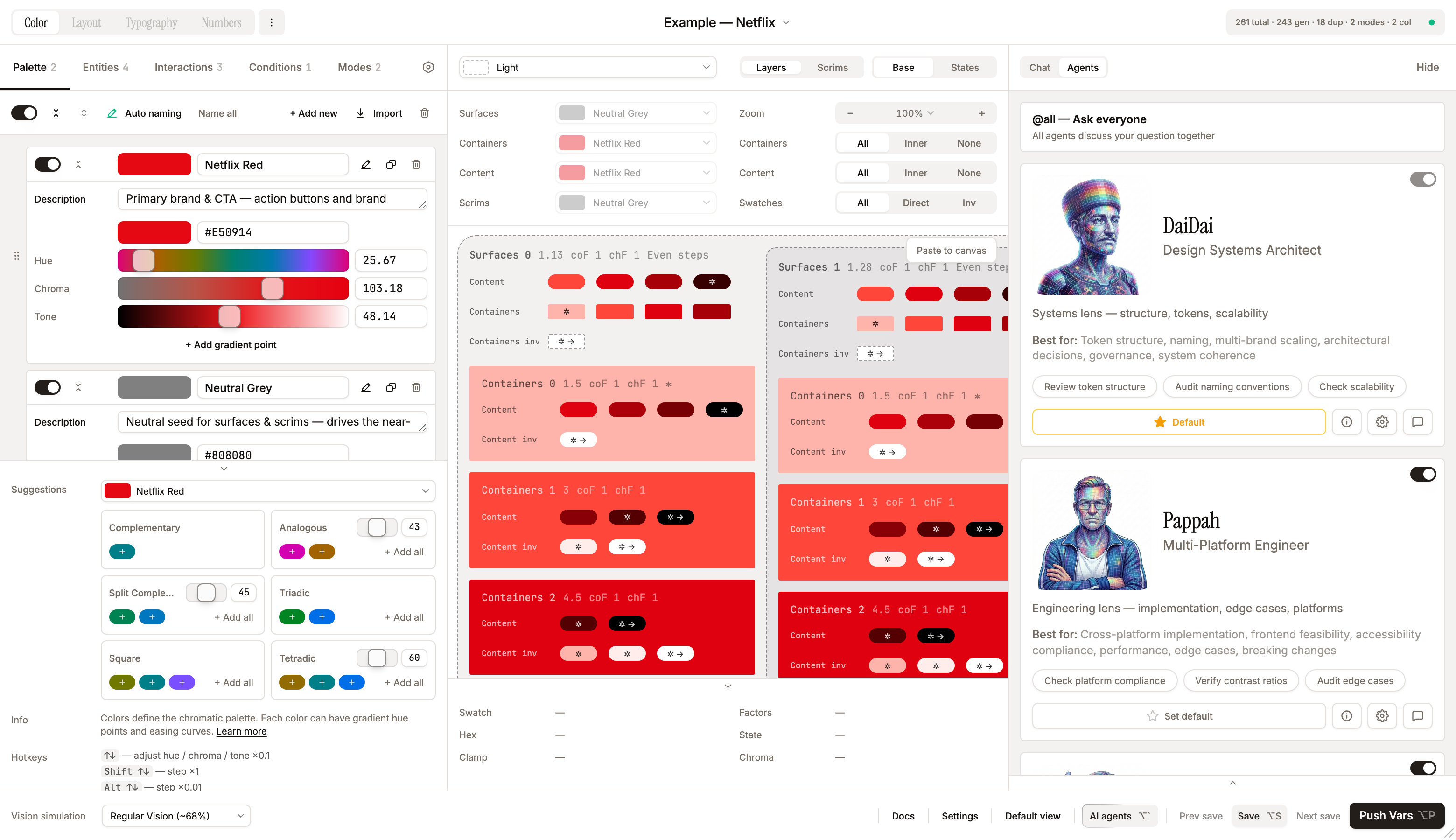 AI chat — Agents tab: the four-agent roster with enable toggles and per-card action buttons