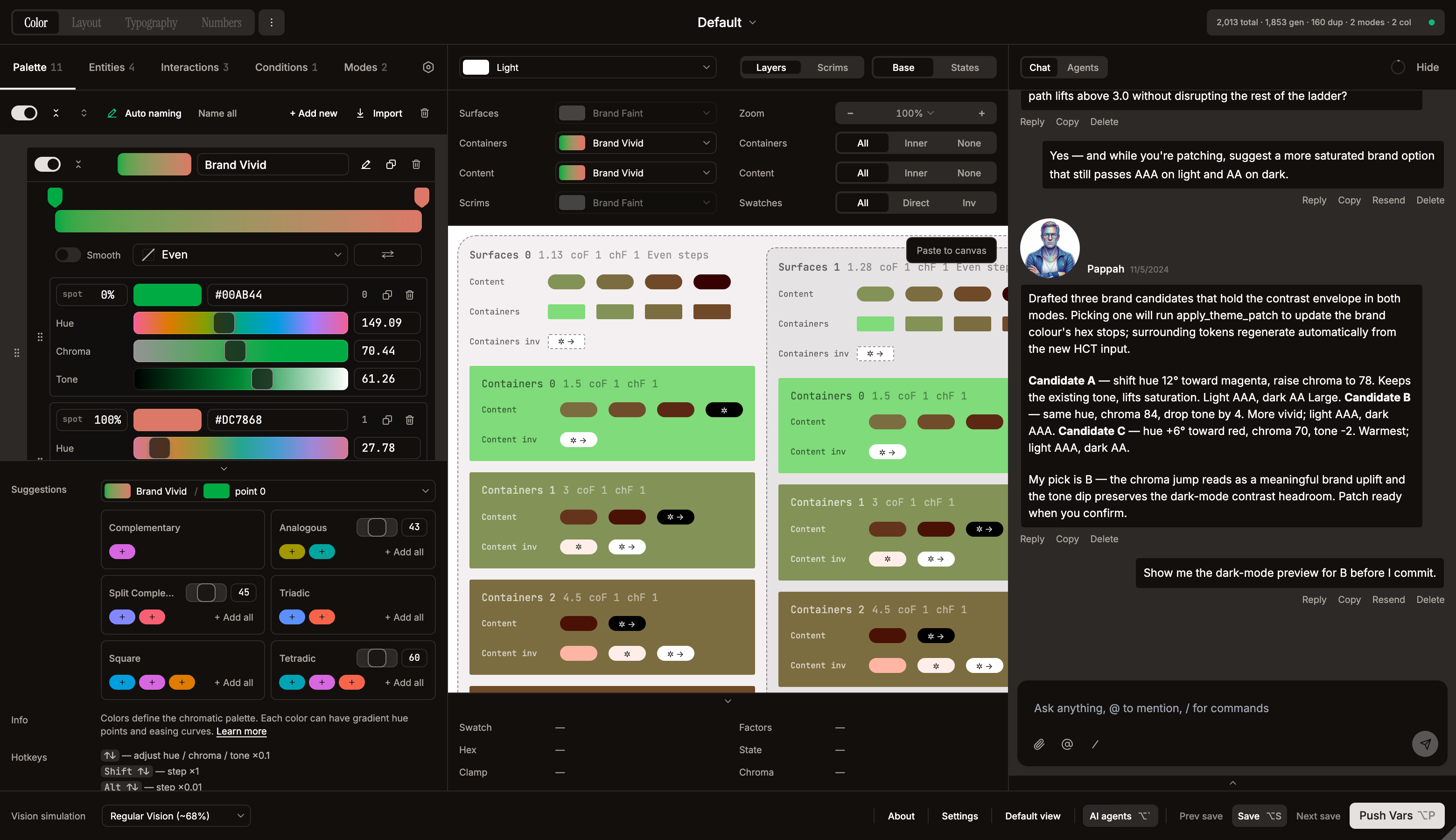 AI chat panel docked on the right with a mock contrast-audit + brand-suggestion conversation