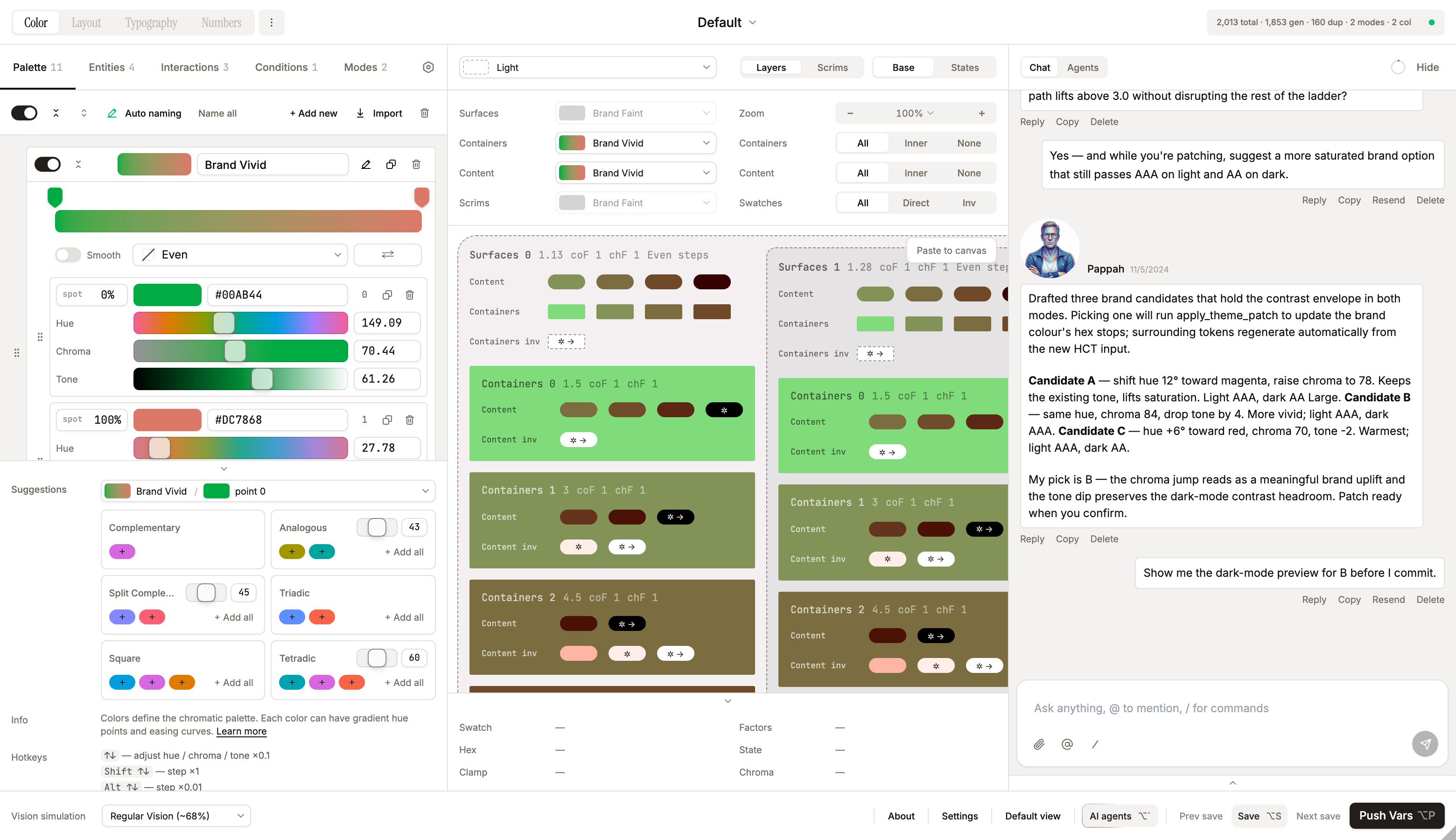 AI chat panel docked on the right with a mock contrast-audit + brand-suggestion conversation