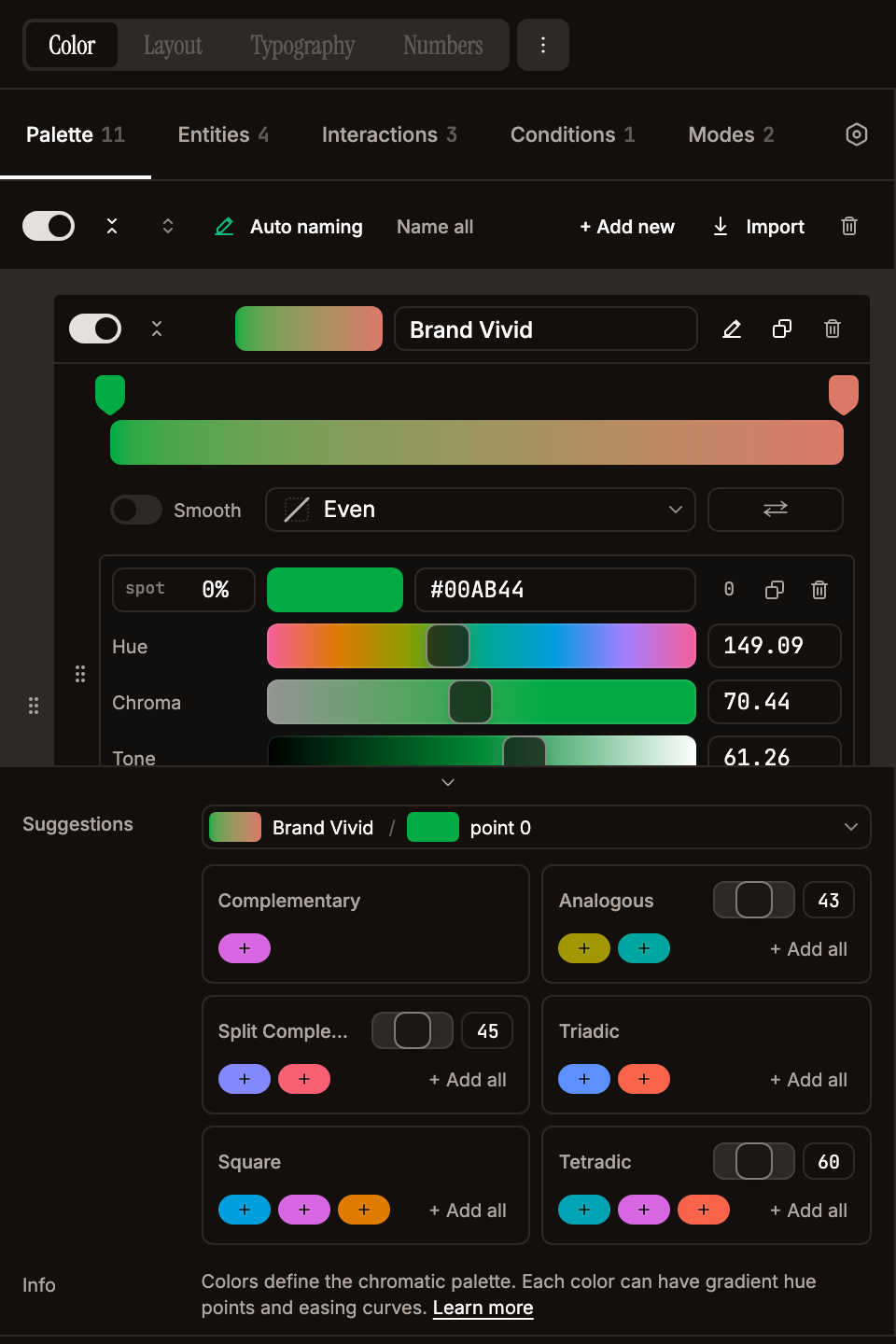 Theme editor with Palette tab open and Brand Vivid color expanded