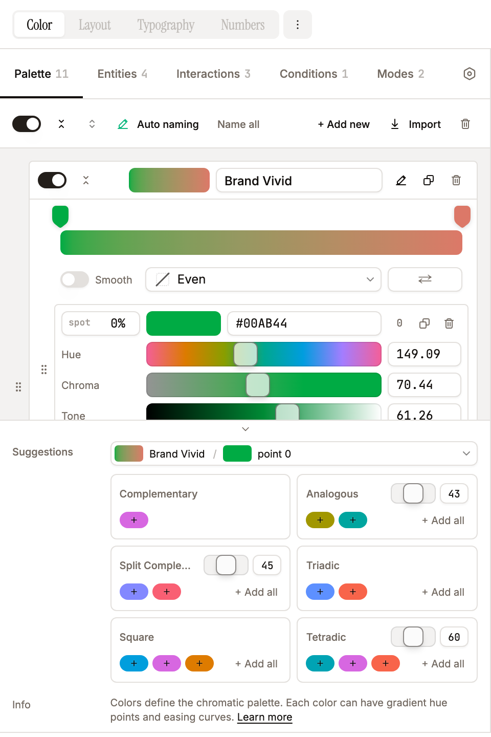 Theme editor with Palette tab open and Brand Vivid color expanded