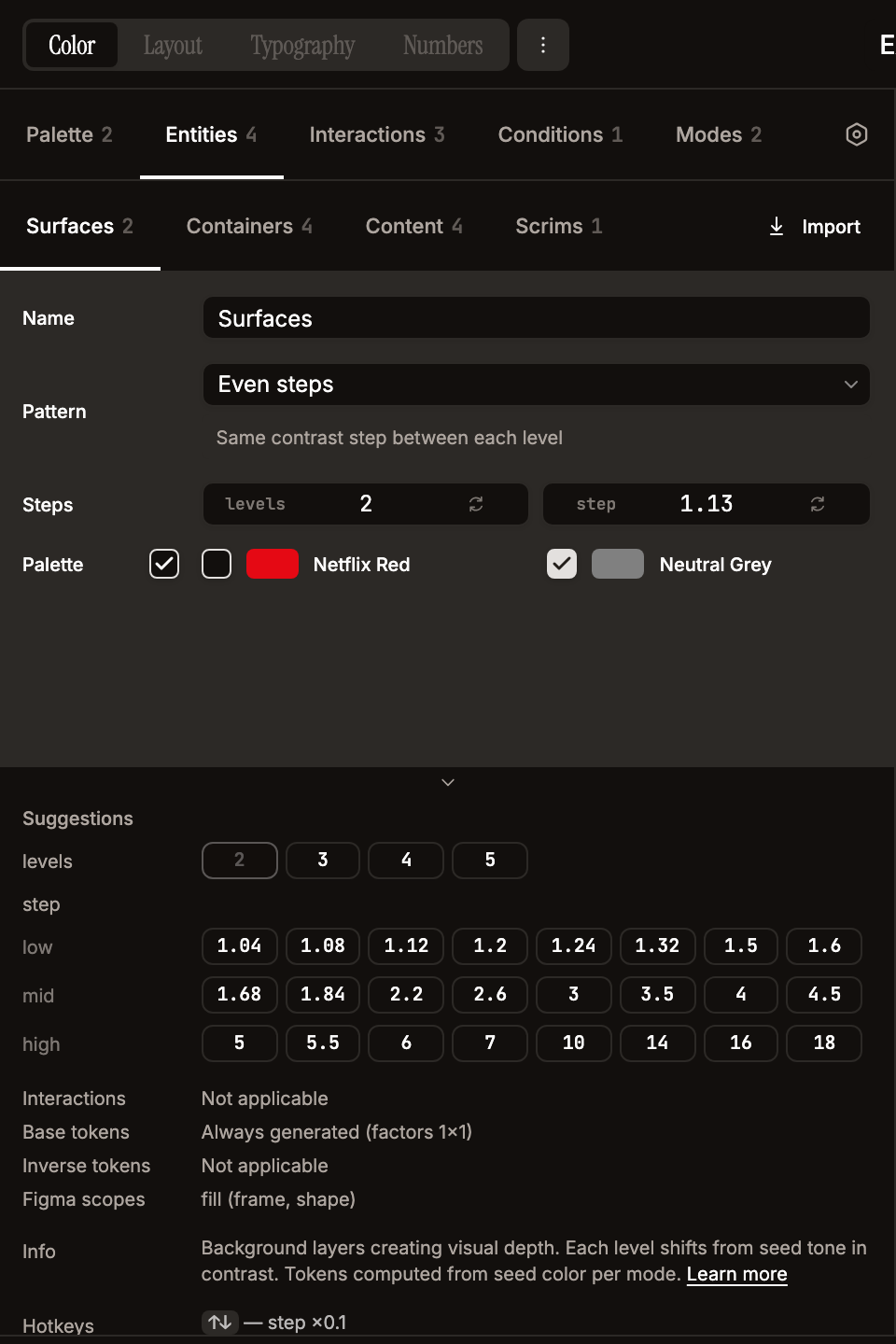 Editor — Entities tab, Surfaces sub-tab: levels, contrast steps, and palette assignment