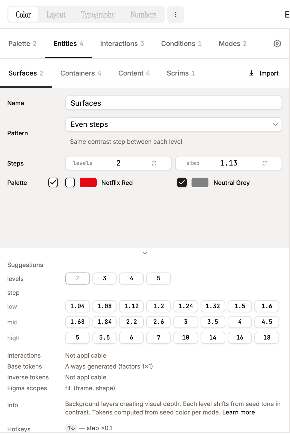 Editor — Entities tab, Surfaces sub-tab: levels, contrast steps, and palette assignment
