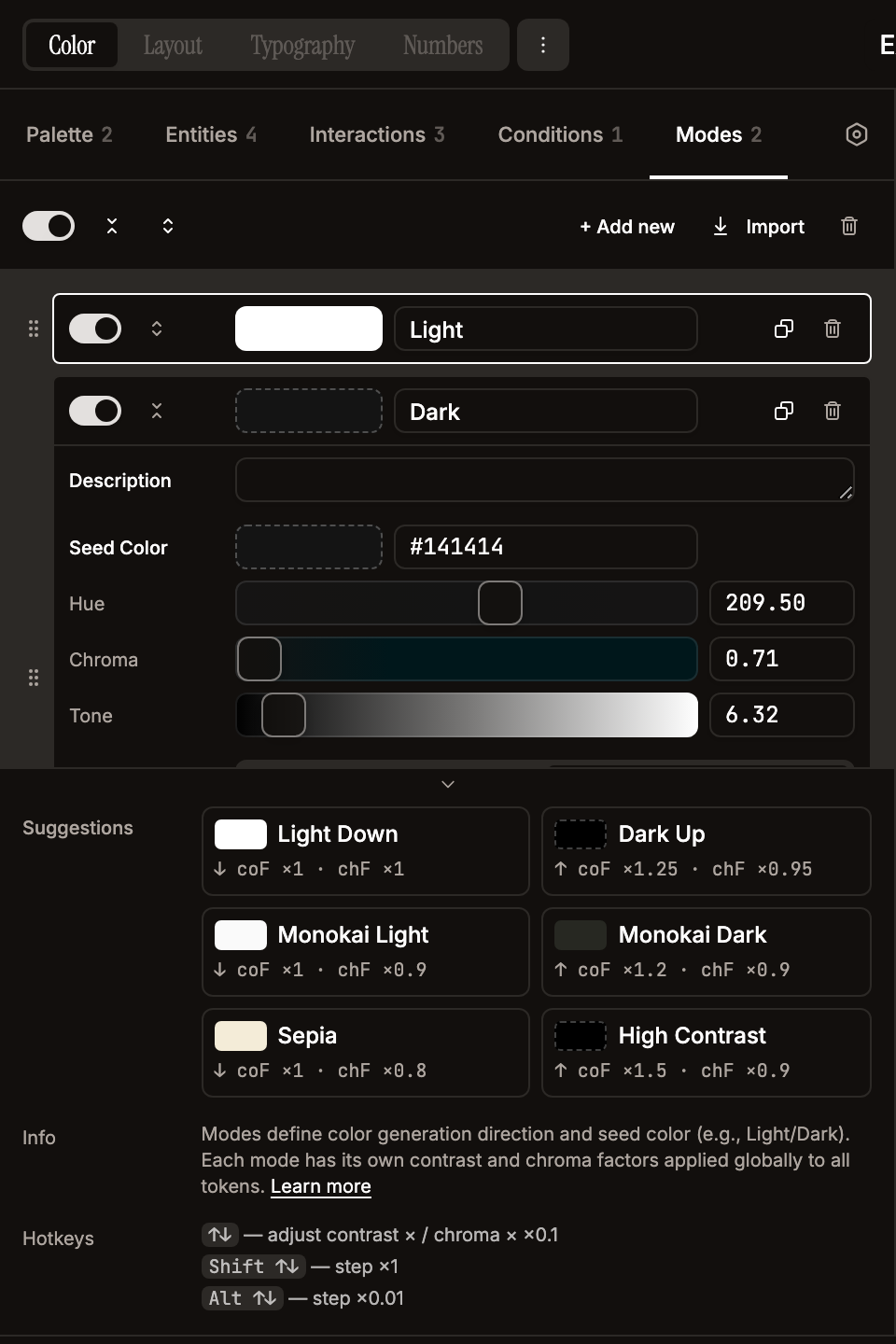 Modes tab with a mode expanded — seed colour, HCT sliders, and the mode suggestion cards with their contrast/chroma factors