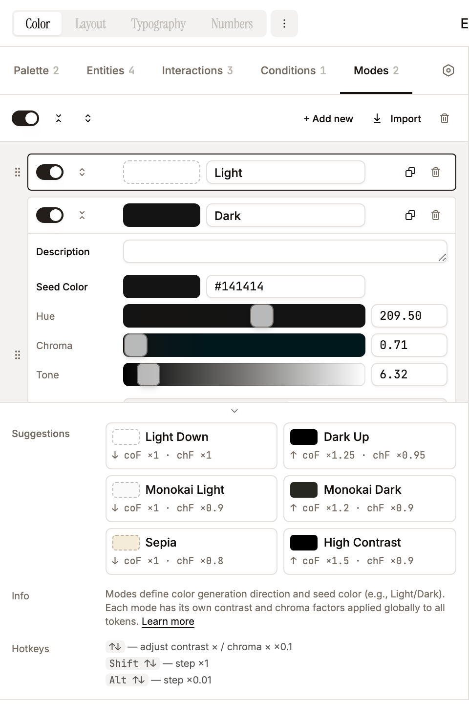 Modes tab with a mode expanded — seed colour, HCT sliders, and the mode suggestion cards with their contrast/chroma factors
