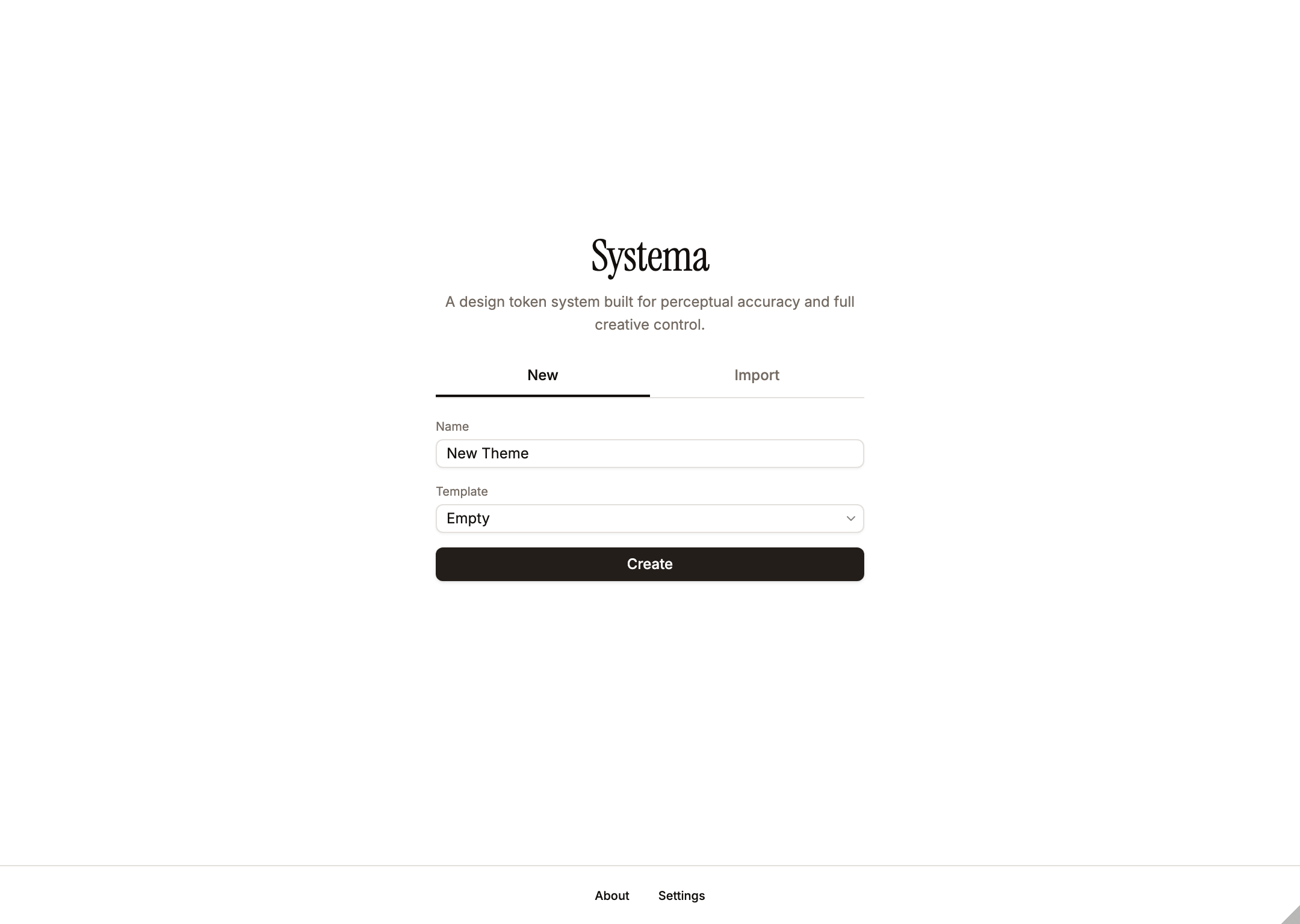 Welcome screen — New / Import tabs and Create button