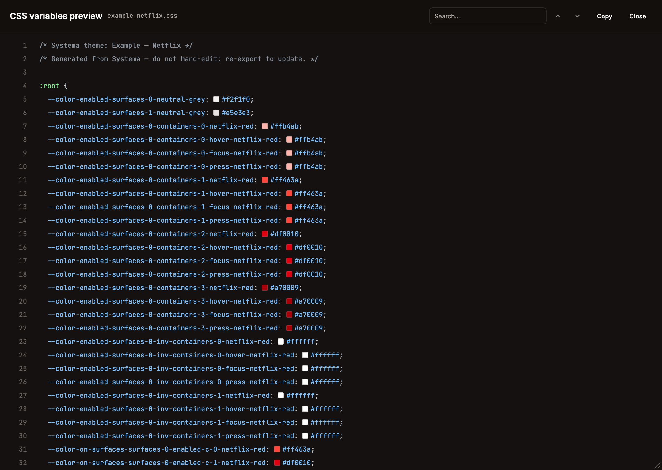 CSS variables export preview dialog