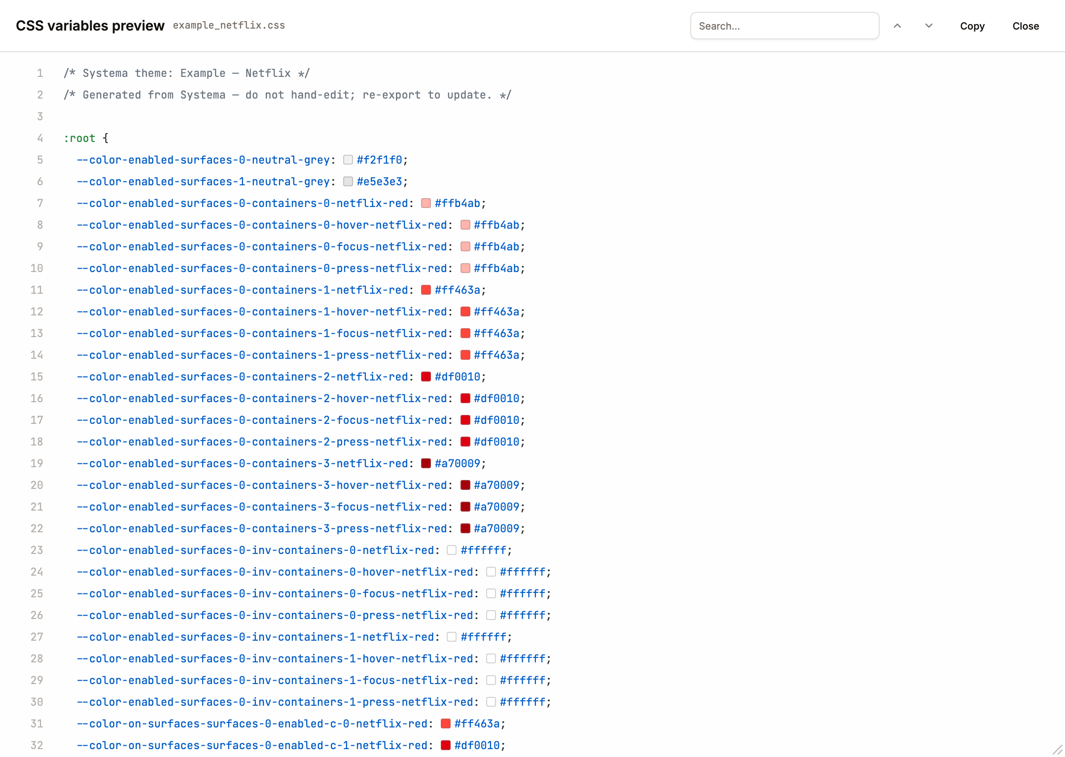 CSS variables export preview dialog