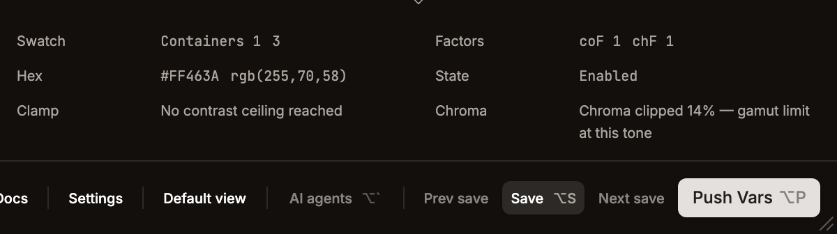 Preview info footer populated — Swatch / Hex / Clamp and Factors / State / Chroma
