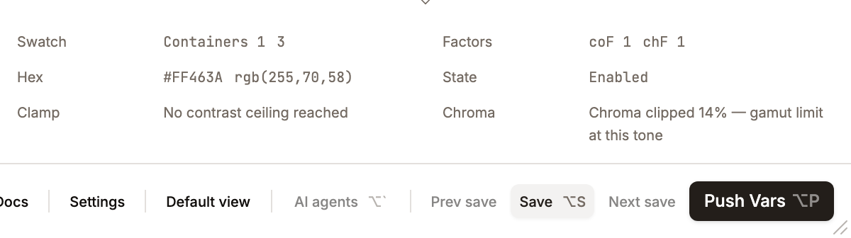 Preview info footer populated — Swatch / Hex / Clamp and Factors / State / Chroma