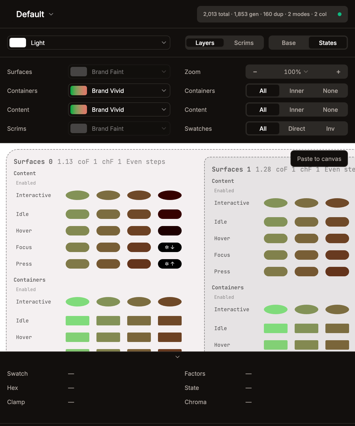 Preview panel — States flavor showing per-condition rows × interaction columns