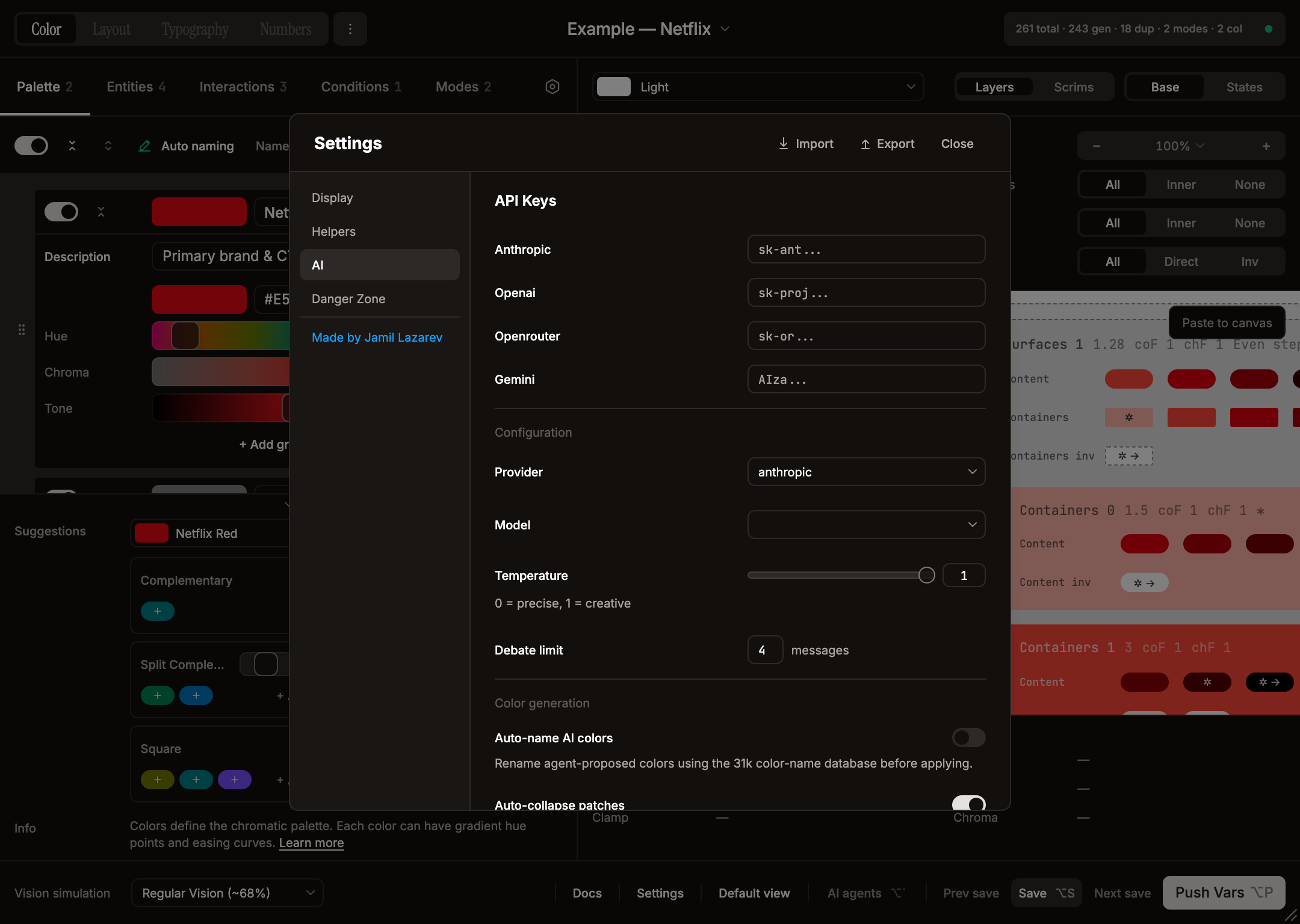 Settings — AI section: API keys, provider/model, temperature, debate limit, colour generation