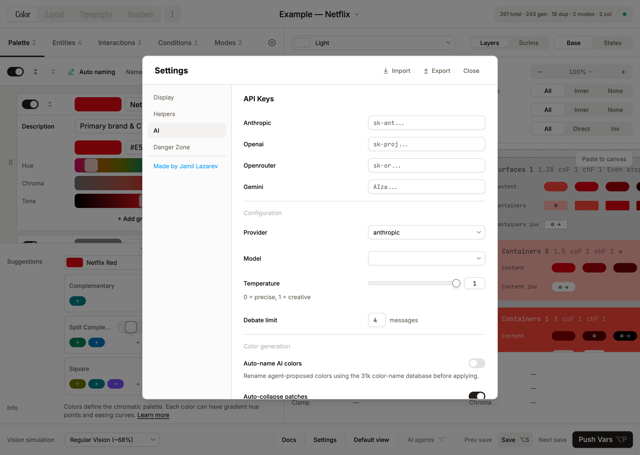 Settings — AI section: API keys, provider/model, temperature, debate limit, colour generation