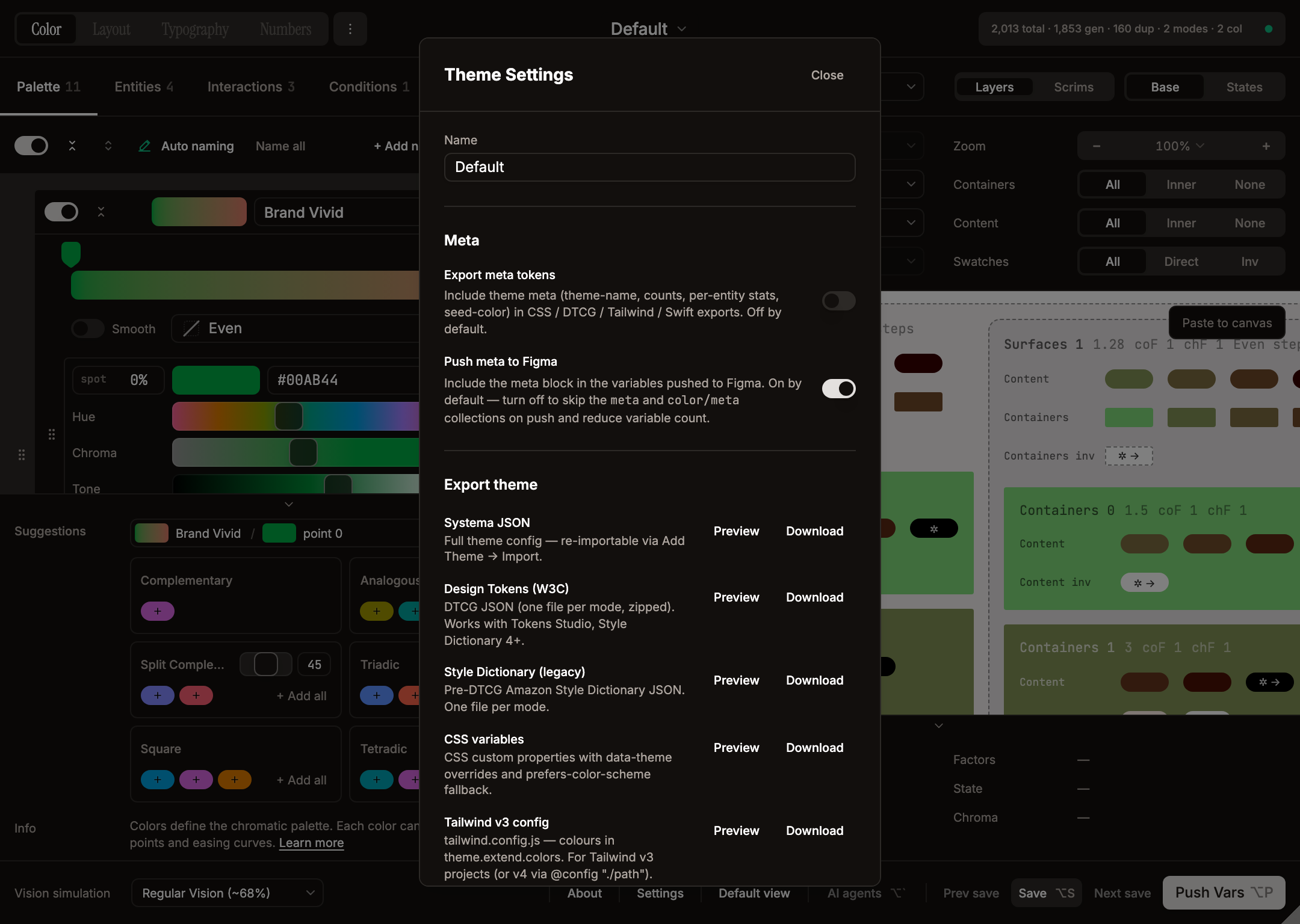 Theme Settings dialog — Name, Meta toggles, Export theme rows