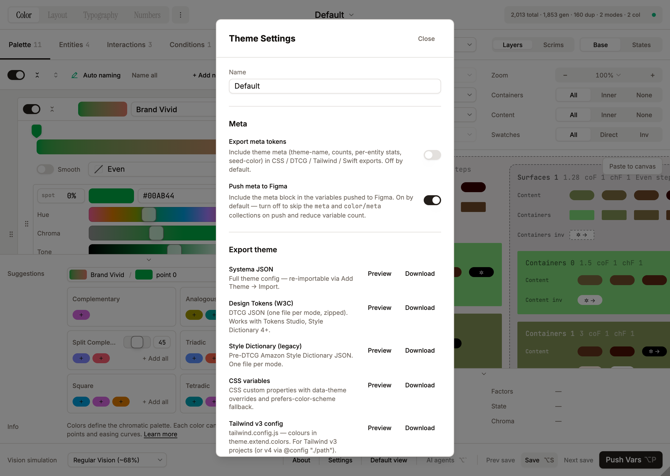 Theme Settings dialog — Name, Meta toggles, Export theme rows