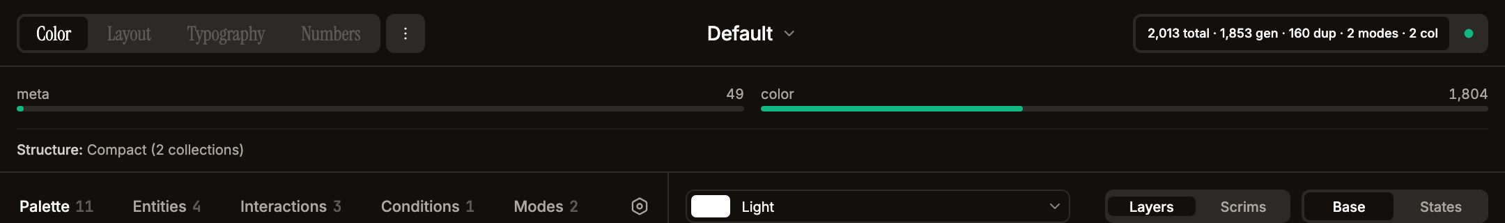 Global header with the Collection Grid panel expanded — per-collection variable counts, capacity bars, structure recommendation