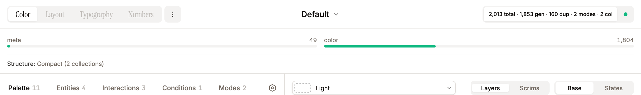Global header with the Collection Grid panel expanded — per-collection variable counts, capacity bars, structure recommendation